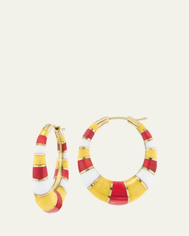 18K Yellow Gold Chunky Inlay Hoop Earrings with Coral, Yellow Agate and White Onyx